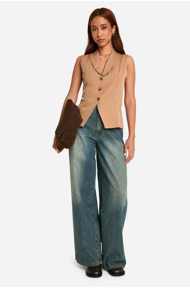 Contrast Mock Horn Button Longline Waistcoat - camel