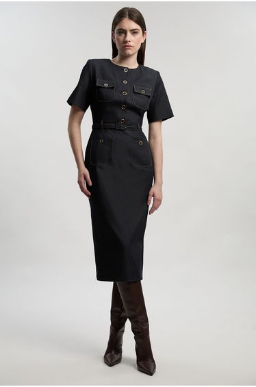Tailored Denim Belted Midi Dress