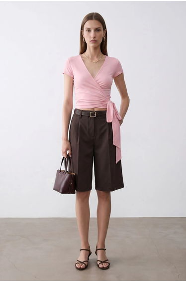 Dilvin Crop Wrap Blouse With Tie Detail