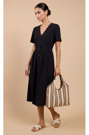 Black Crepe Button-Down Midi Dress