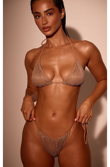 Brown Textured Swim Tie Side Bikini Bottoms