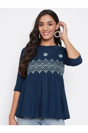 Women Navy Blue Embroidered Rayon A-Line Top