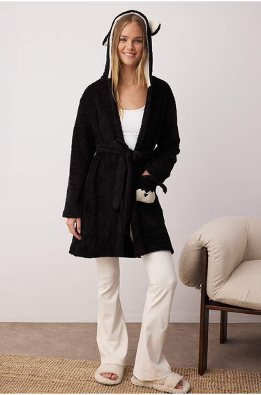 Black Belted Animal Figured Pocket Hooded Wellsoft Winter Knitted Dressing Gown