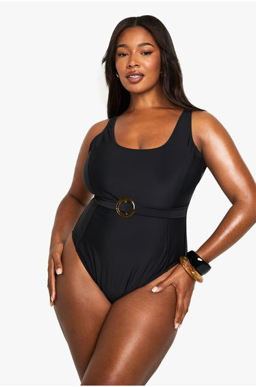 Plus Tummy Control Belted Swimsuit - black