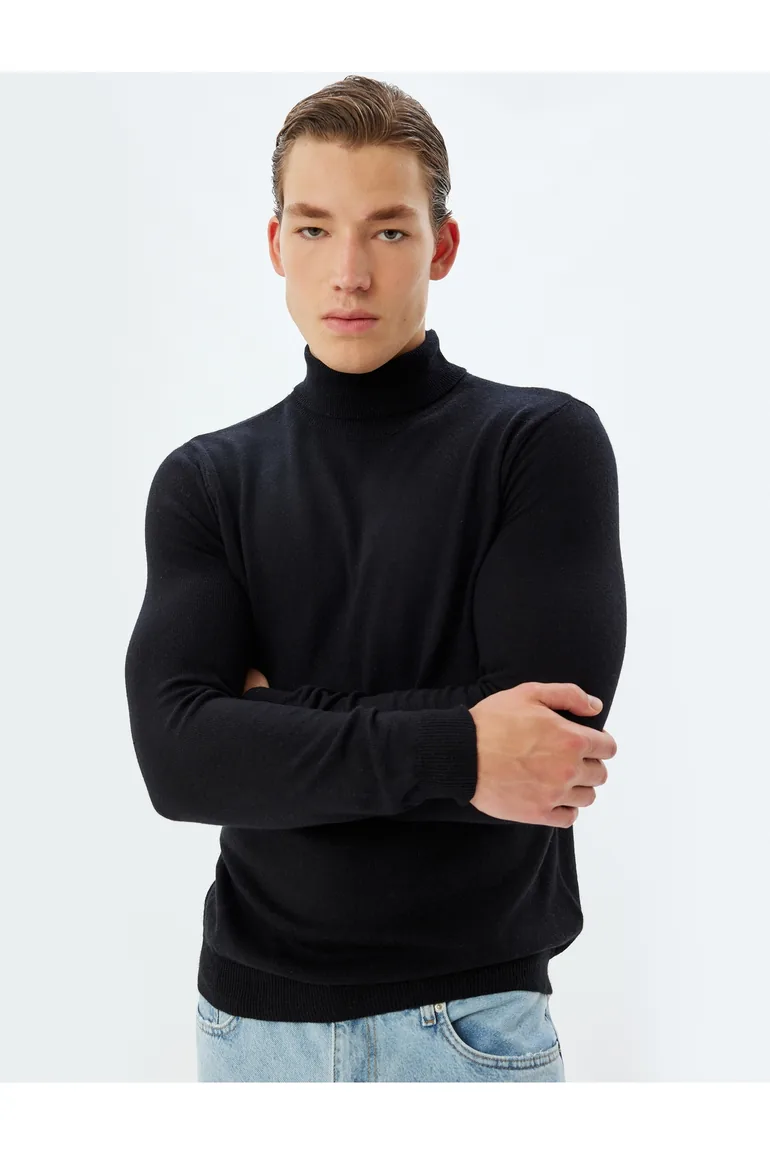 سترة كوتون أسود محبوك بأكمام طويلة - 1