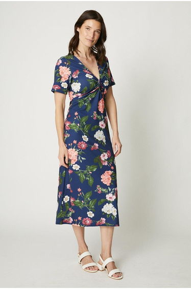 Navy Floral Twist Front Short Sleeve Midi Dress - multi