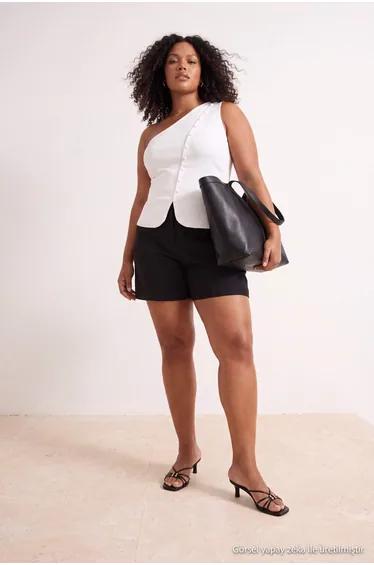 Ecru Fitted/Asymmetrical Collar Sleeveless Buttoned Knitted Plus Size Blouse