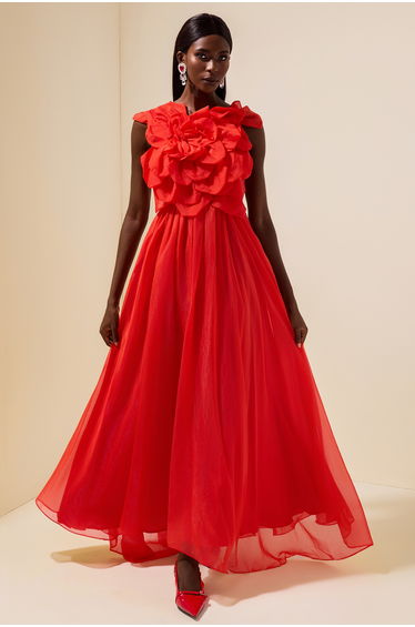 Mesh 3D Flower Maxi Dress