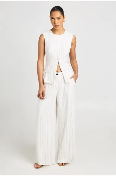 Stripe Linen Look Pleated Wide Leg Tailored Trousers - cream