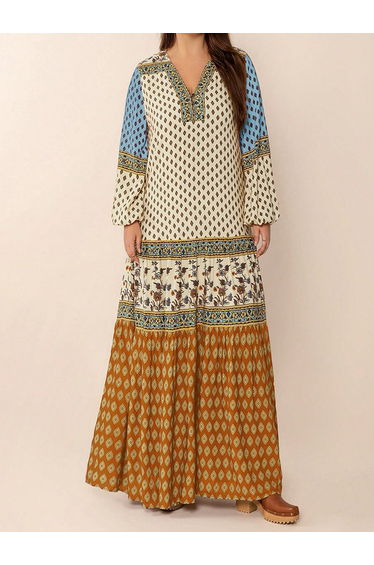 Women Bohemian Print Color Block Maxi Dress