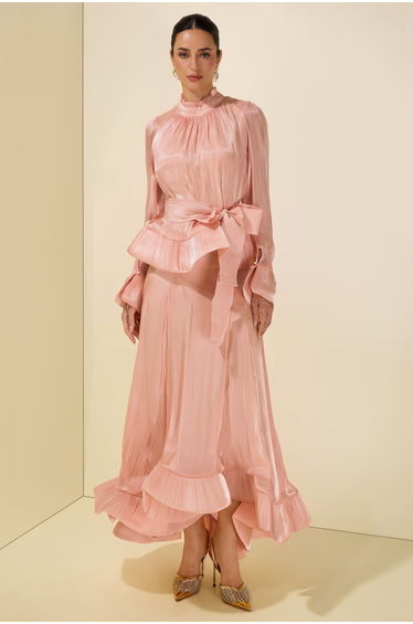 Ruffle Solid Top & High Waist Midi Skirt Set