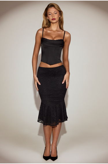Cowl-Neck Lace-Up Corset Top in Black