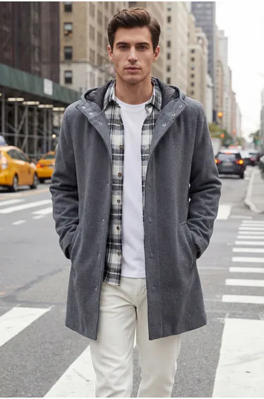 Anthracite Men's Winter Wool Blend Hooded Stamp Winter Coat