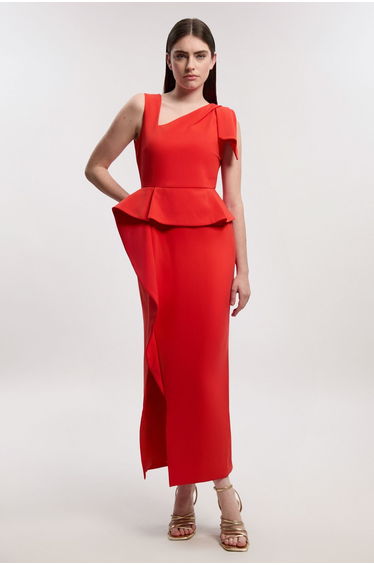 Compact Stretch Ruffle Peplum Belted Pencil Dress