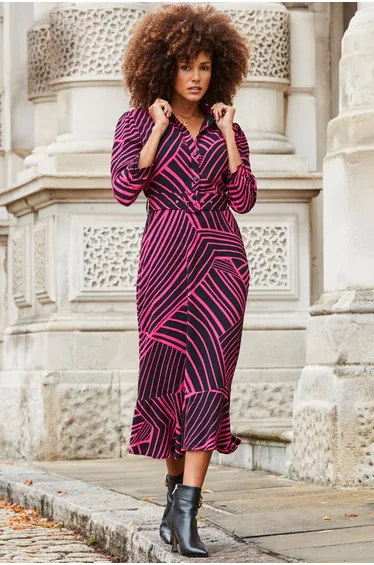 Pink & Black Geometric Print Belted Midi Dress