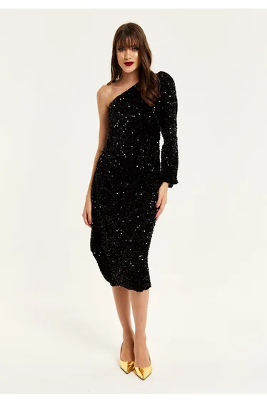 Women's Midi Dress with One Shoulder and Zip-Side in Black Sequin Velvet .