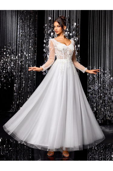 Modecrush White Elegant Beaded Embroidered Long Sleeve Mesh Bridal Gown