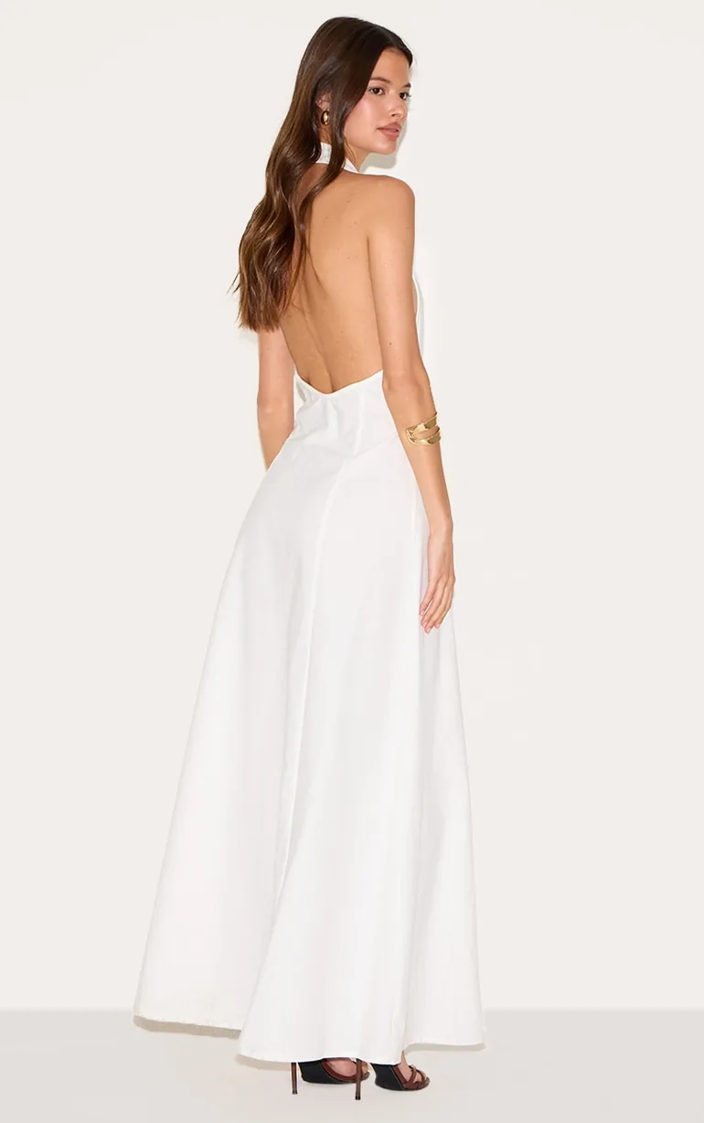 White Button Down Collar Detail Maxi Dress - 1
