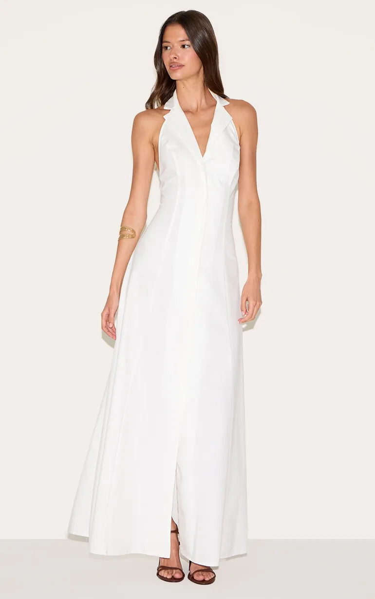 White Button Down Collar Detail Maxi Dress
