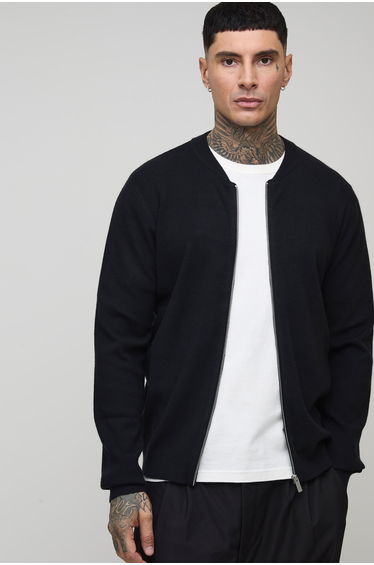Tall Basic Regular Fit Knitted Bomber Jacket - black