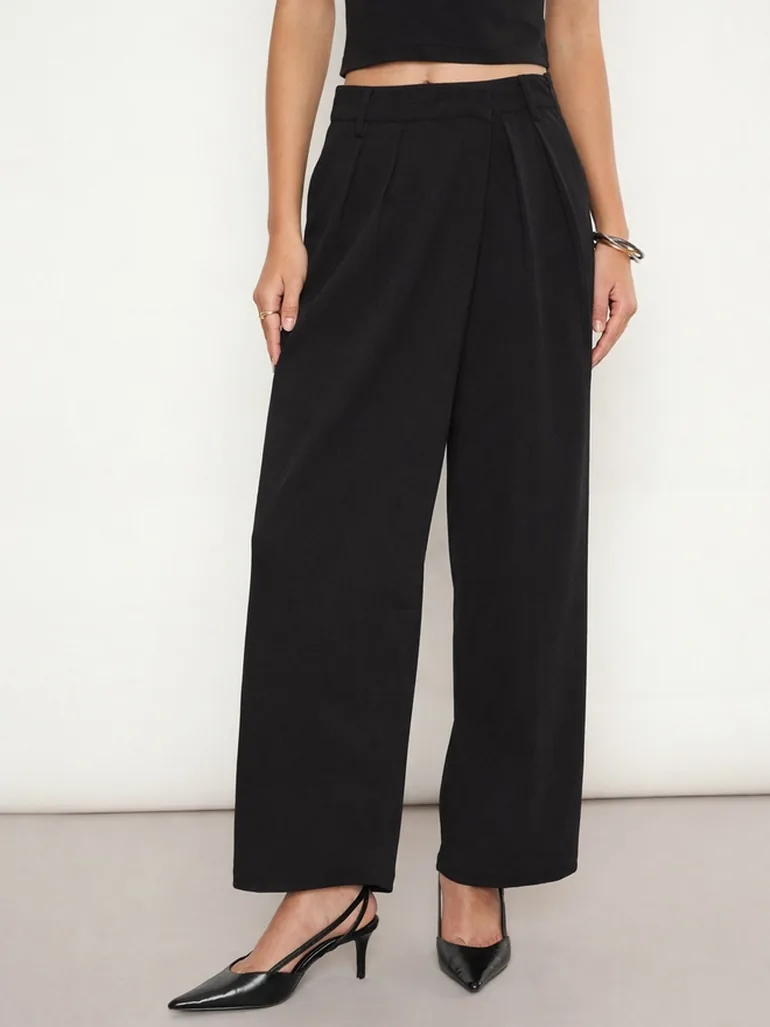 Black Wide Leg Fold Pleated Trousers - 1