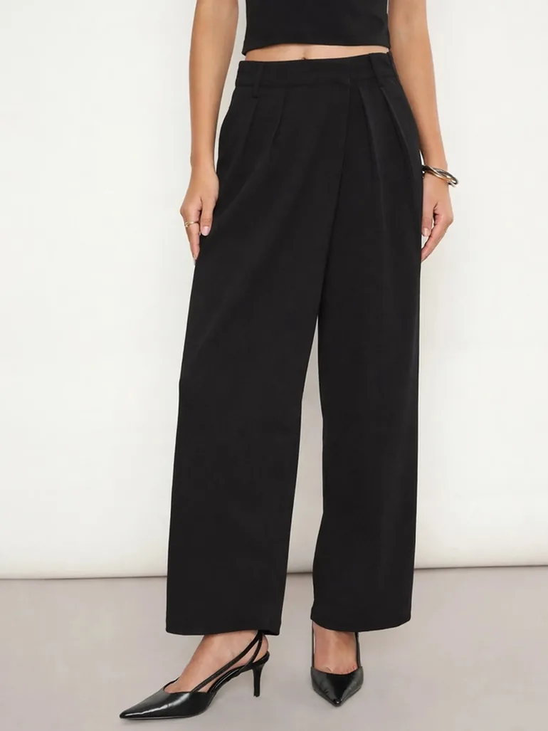 Black Wide Leg Fold Pleated Trousers - 5