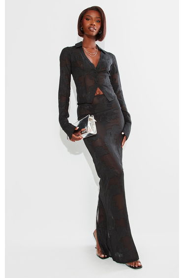 Tall Black Sheer Floral Mesh Maxi Skirt