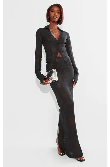 Tall Black Sheer Floral Mesh Maxi Skirt