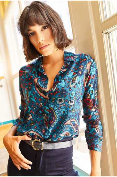 Women's Blue Paisley Patterned Shirt