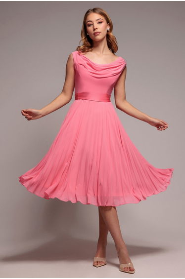 Goddiva Cowl Neck Pleated A-Line Chiffon Midi Dress