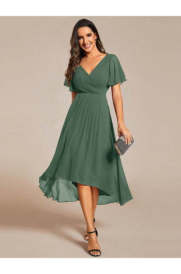 ever FAYE|Chic V Neck Asymmetrical Hem Ruffles Sleeve Pleated Chiffon Wedding Guest Dress