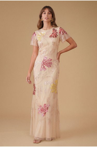Fan Floral Embellished Angel Sleeve Maxi Dress