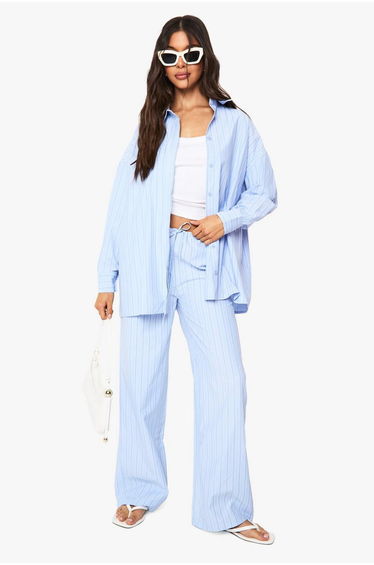 Stripe Drawstring Waist Wide Leg Trousers