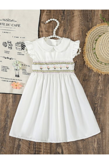 Girls White Ruffled Sleeve Embroidered Dress