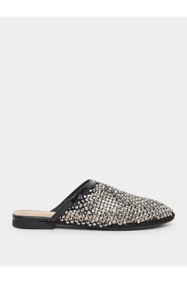 Black Embellished Pointed Toe Mule