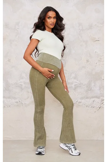 Maternity Khaki Faded Contour Rib Fold Over Waistband Flare Trousers