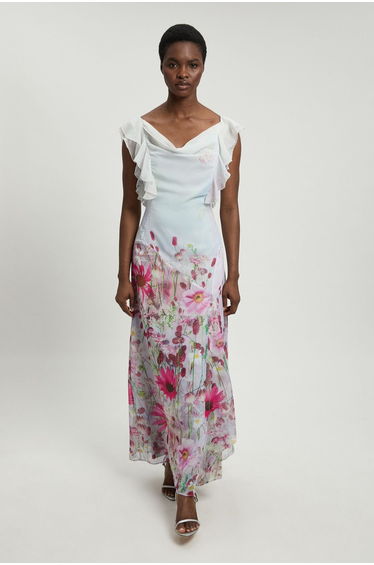 Crinkle Georgette Floral Print Ruffle Sleeve Woven Midi Dress