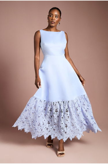 Lace Hem Structured Satin Maxi Dress