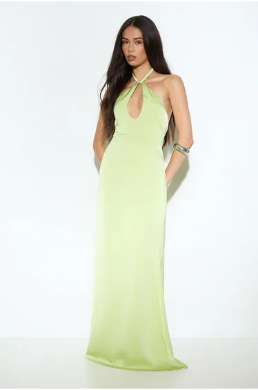 Satin Keyhole Halter Detail Maxi
