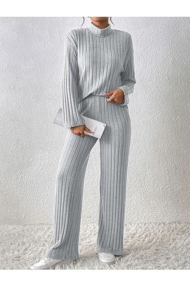 Grey Ribbed Knit Top and Wide Leg Pants Co-ords