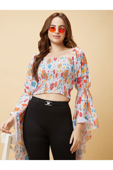 Floral Print Square Neck Flared Sleeves Crop Top