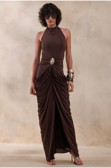 Horizon | Brown High-Neck Maxi Dress With Draped Detailing