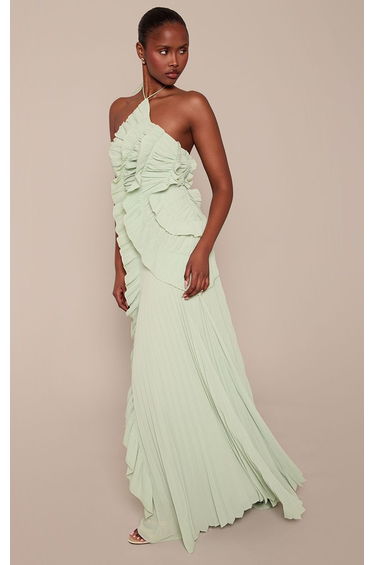 Light Green Pleated Frill Halterneck Maxi Dress