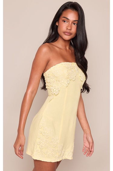 Pale Yellow Floral Detail Linen Look Bandeau A Line Dress