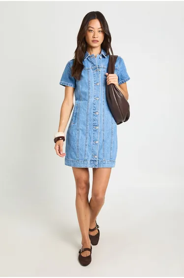 Tall Western Denim Short Sleeve Mini Dress - mid blue