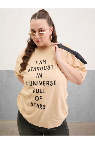 Plus Size Beige Slogan Print T-Shirt