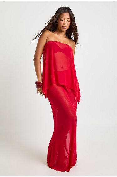 Mesh Bandeau Top & Maxi Beach Skirt Co-ord - red