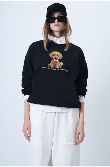 Women's black front printed oversize cotton sweatshirt