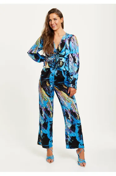 Women's Jumpsuit with Ruched Front and Multicolored Abstract Print.