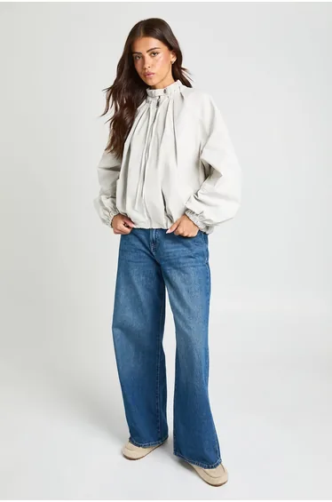 Zip Through Gather Detail Bomber Jacket - stone